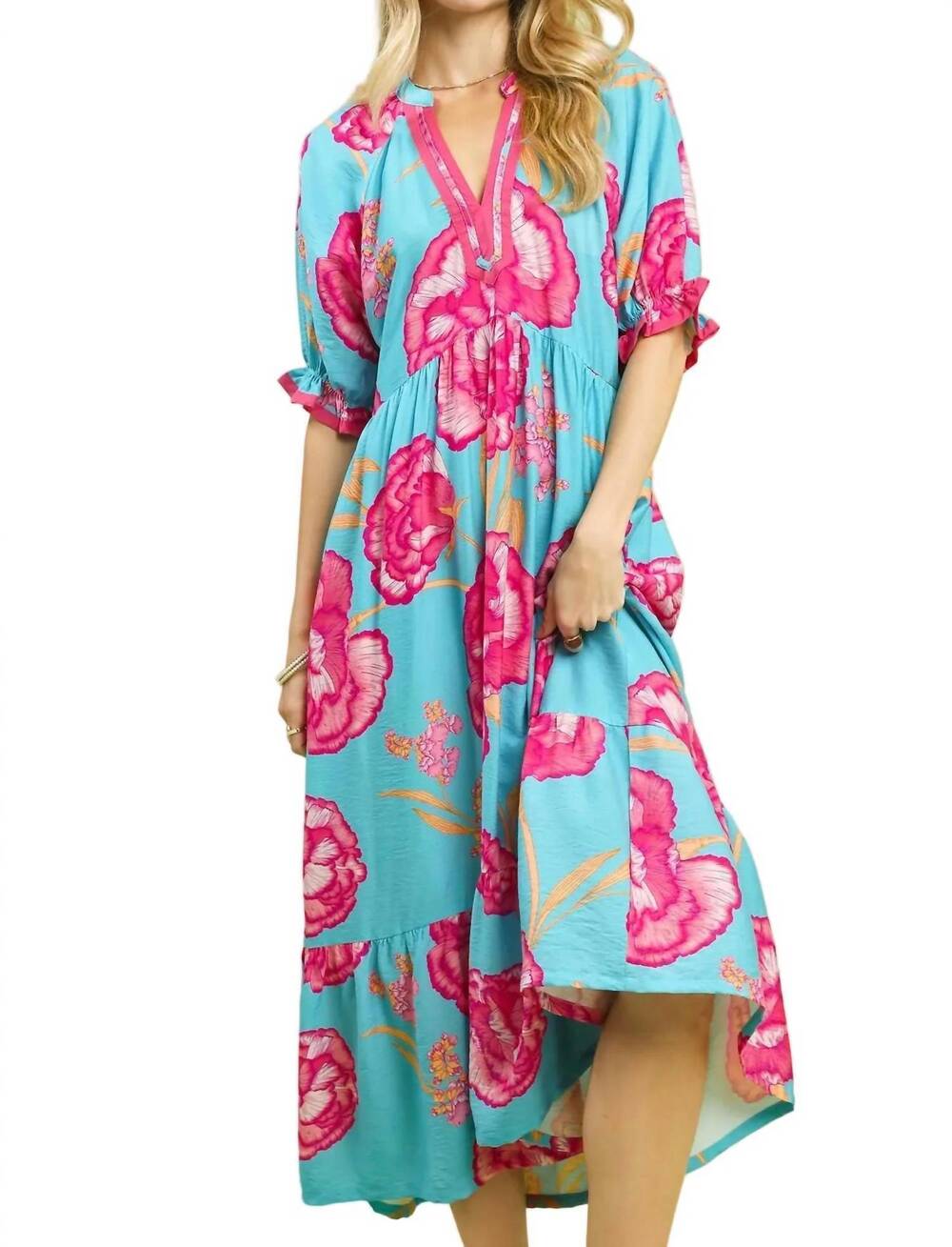 NEW UMGEE floral print dress with contrast trim in blue